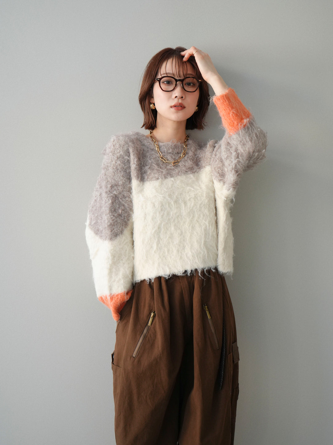 [SET]バイカラーモヘアタッチニットプルオーバー+コットンタックループパンツ(2set)