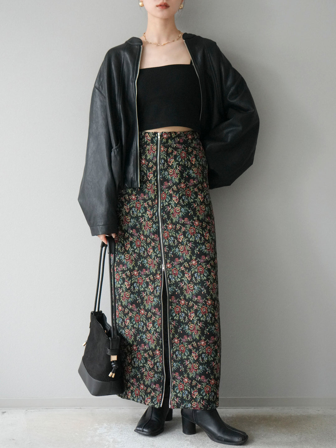 [予約]ゴブランフロントジップタイトスカート/レッド