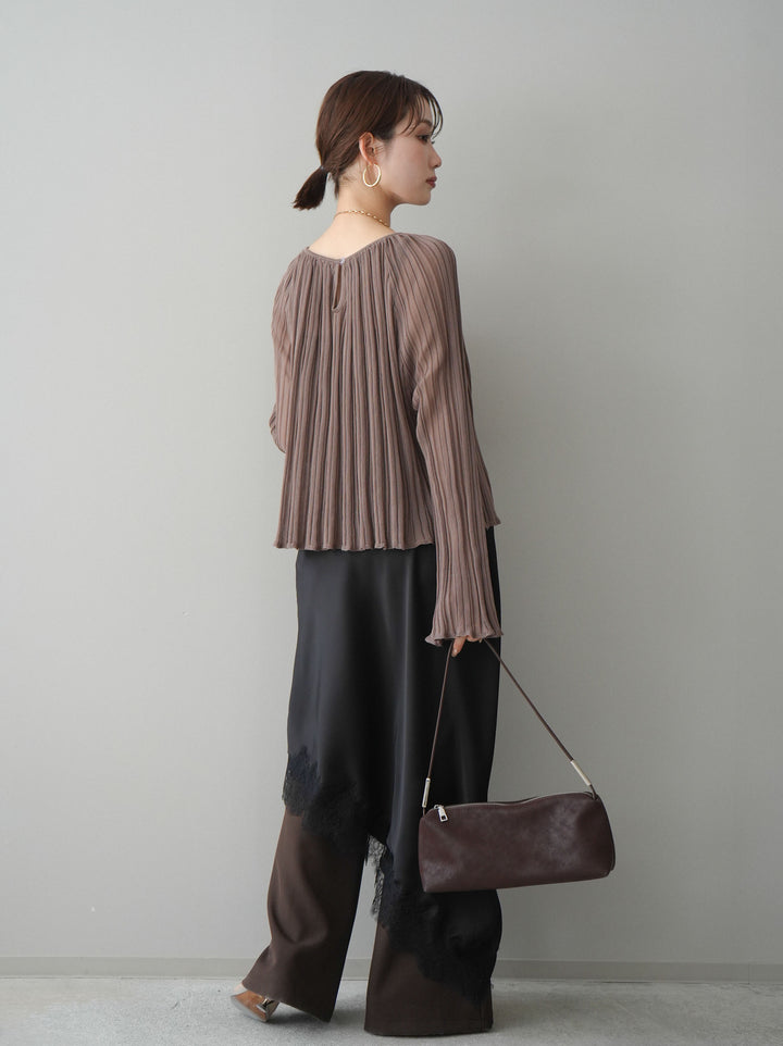 [SET]プリーツシアーフレアスリーブニットトップス+センターシームフレアパンツ+サテンライクアシメレーススカート(3set)