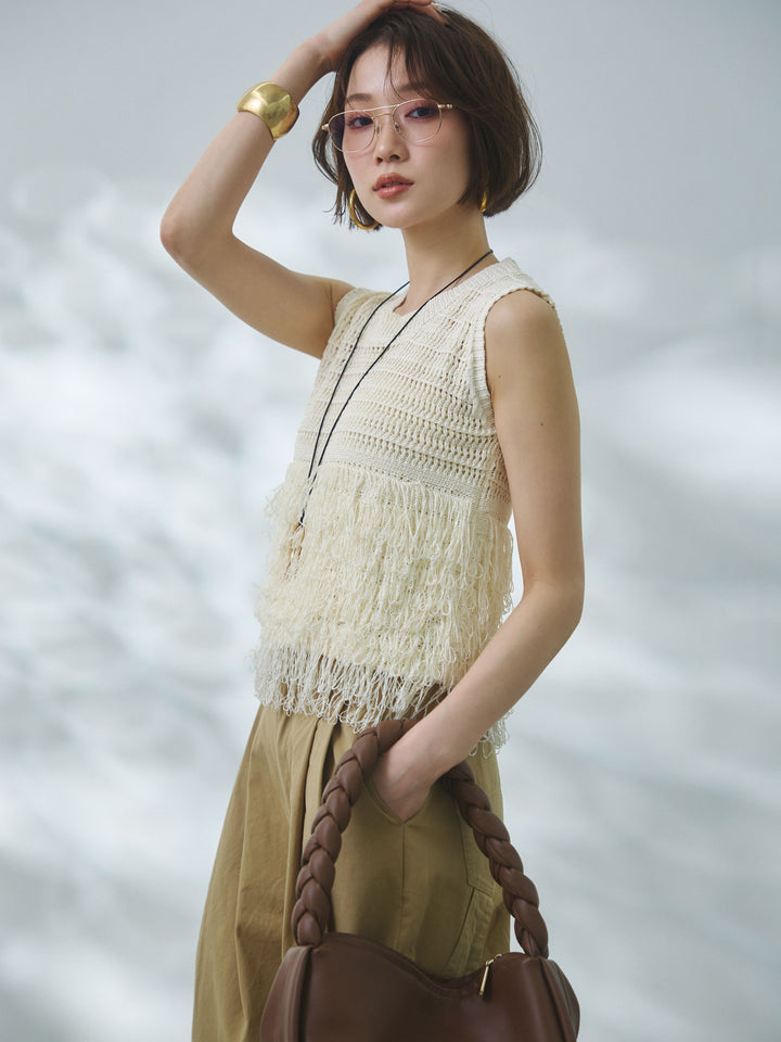 [予約]フリンジクロップドニットベスト/beige