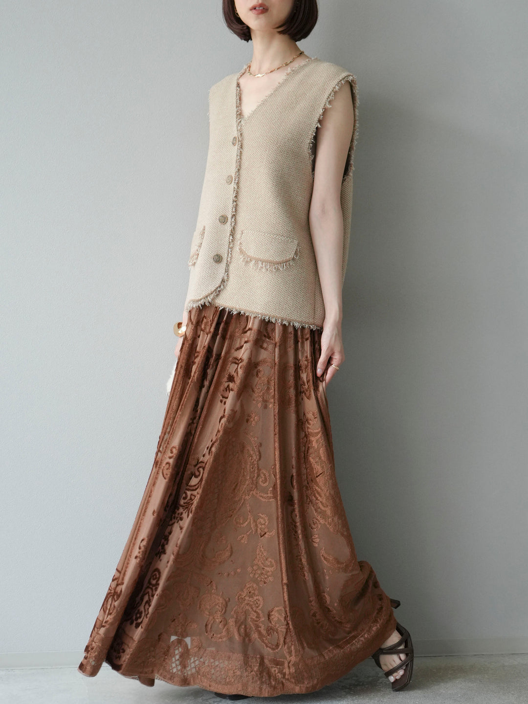 [予約]アンティーク柄フロッキーマキシスカート/ブラウン