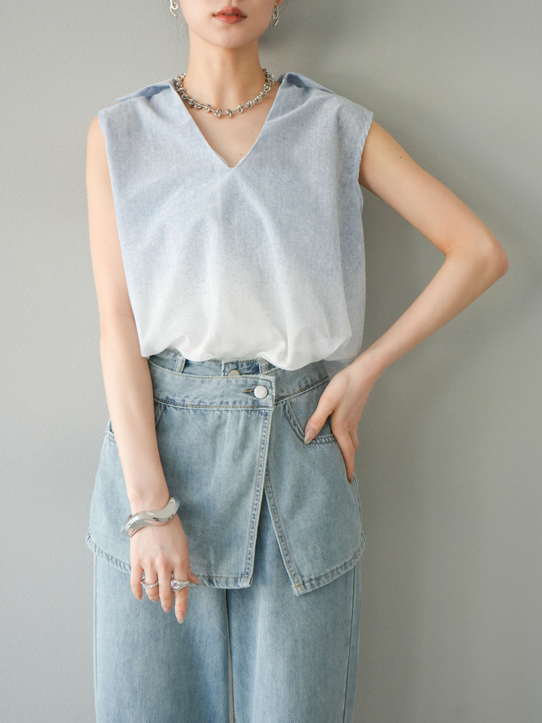 [予約]染めグラデージョンスキッパーブラウス/ライトブルー