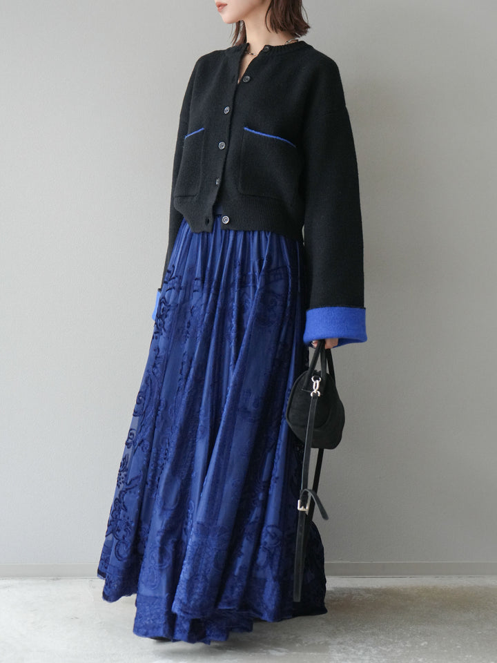 [SET]バイカラーオーバーニットカーディガン+アンティーク柄フロッキーマキシスカート(2set)