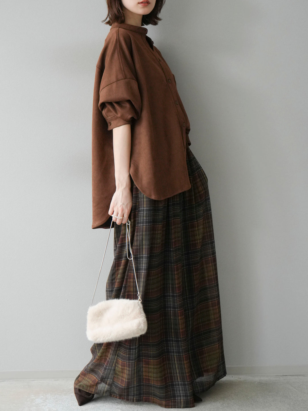 [SET]スエードバンドカラーオーバーシャツ+シアーチェックバギーパンツ(2set)