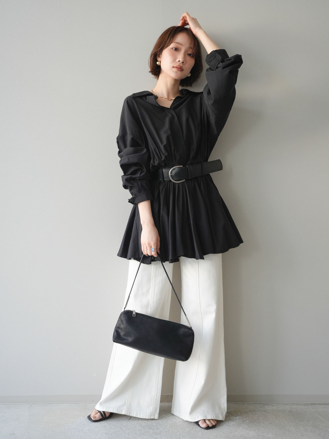 [予約]ベルト付フレアシャツミニワンピース/black