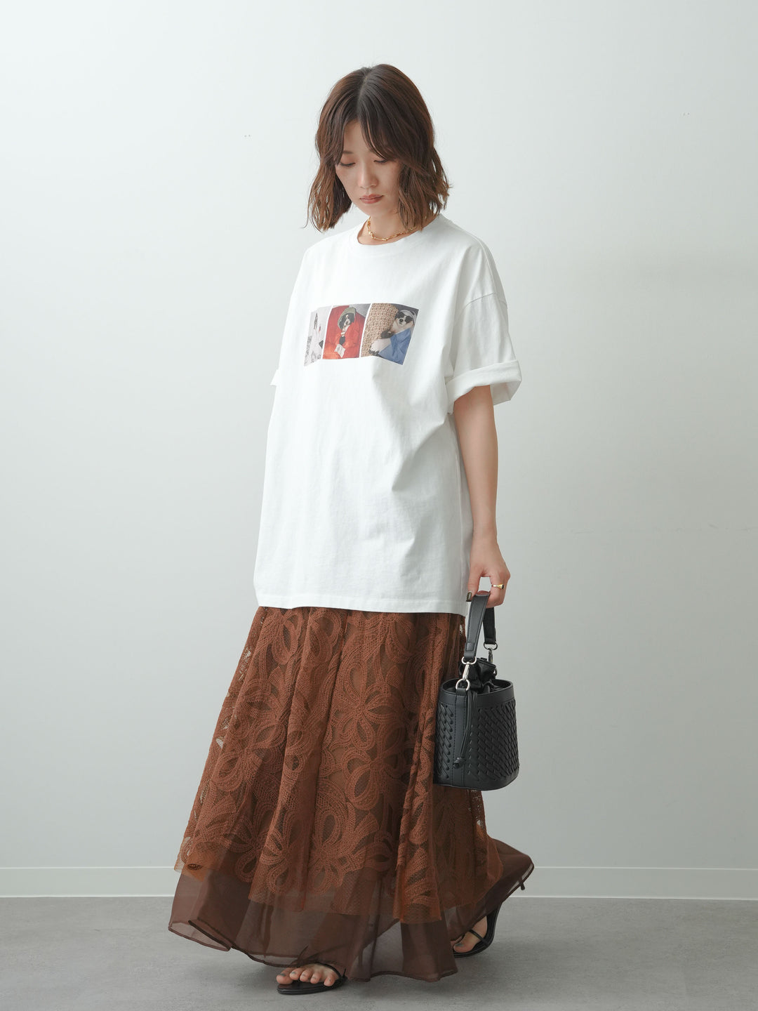 [SET]スリードッグフォトボックスTEE+フラワーレースレイヤードスカート(2set)
