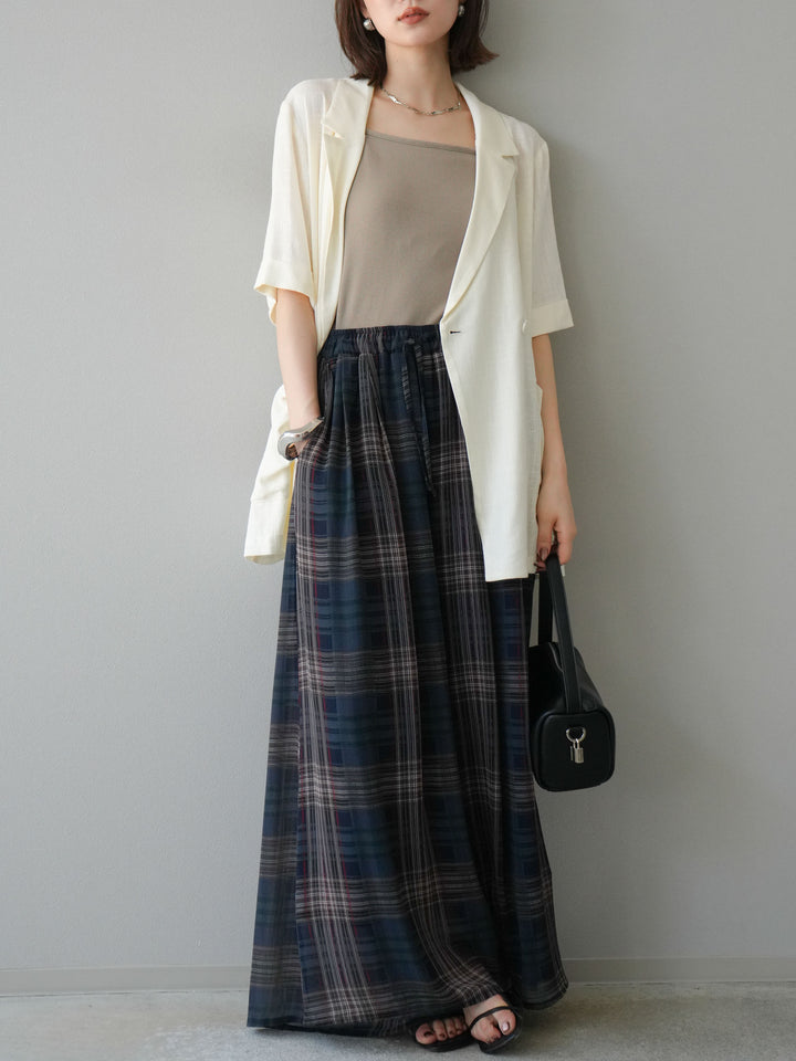 [預購] 透視格紋寬鬆褲/藏青色