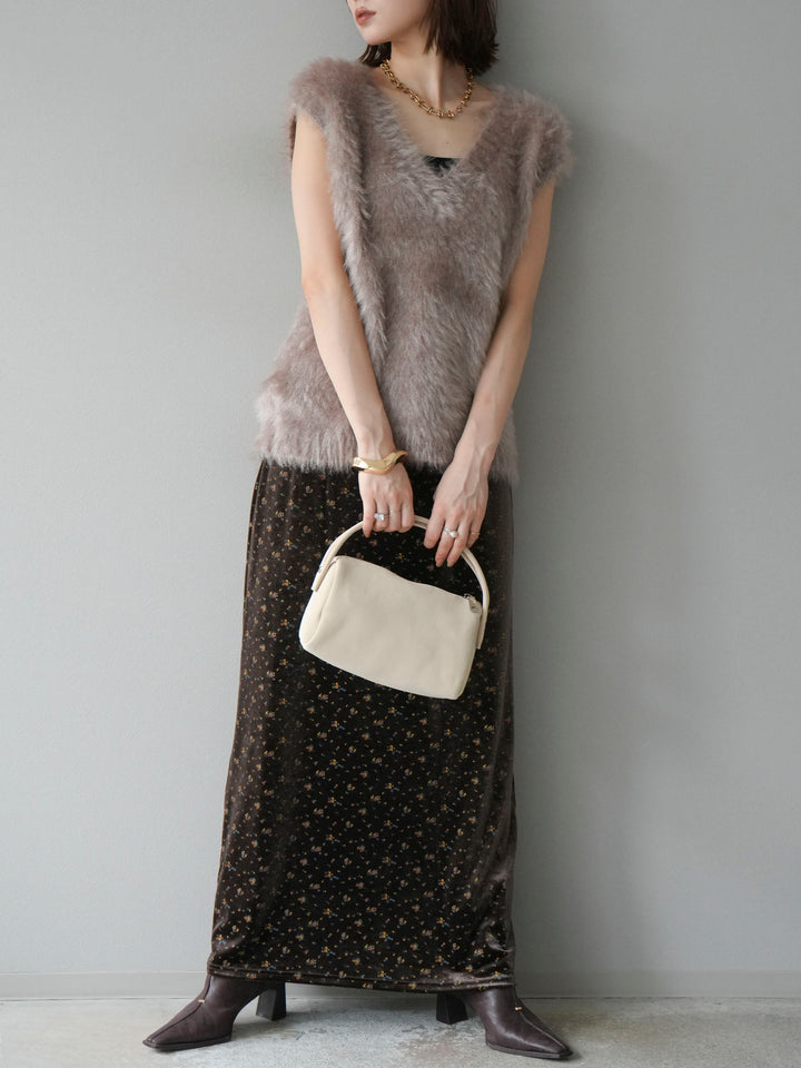 [予約]ベロアフラワープリントIラインスカート/ブラウンxイエロー