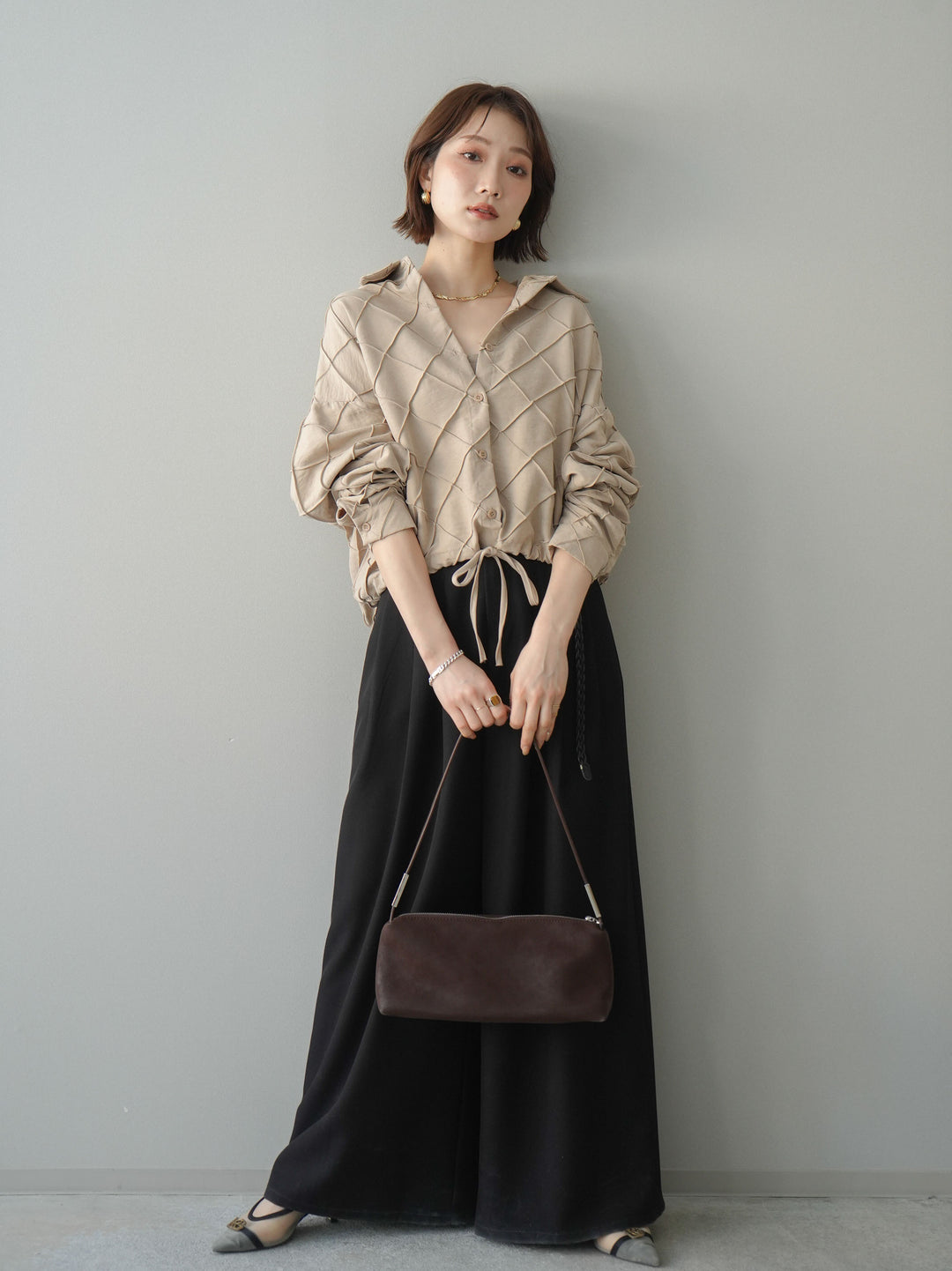 [予約]編み込みベルト付タックワイドパンツ/black