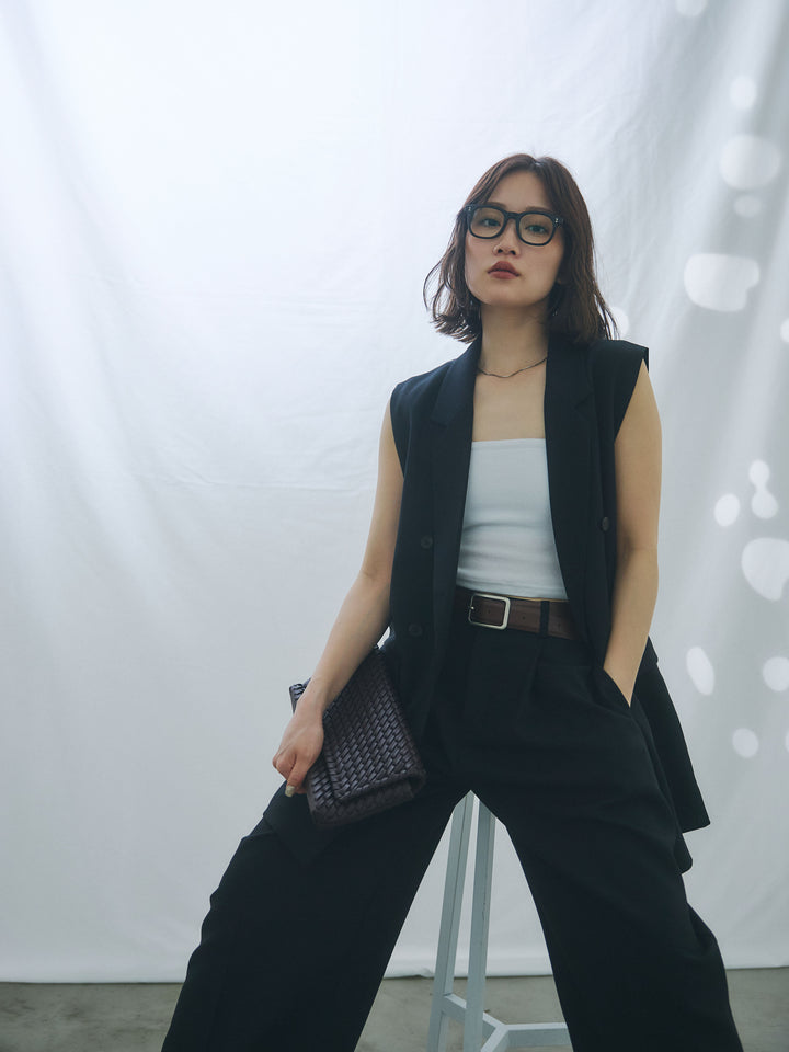 【Allure】[SET]杢調ミディ丈テーラードジレ+杢調ライトストレートパンツ(2set)