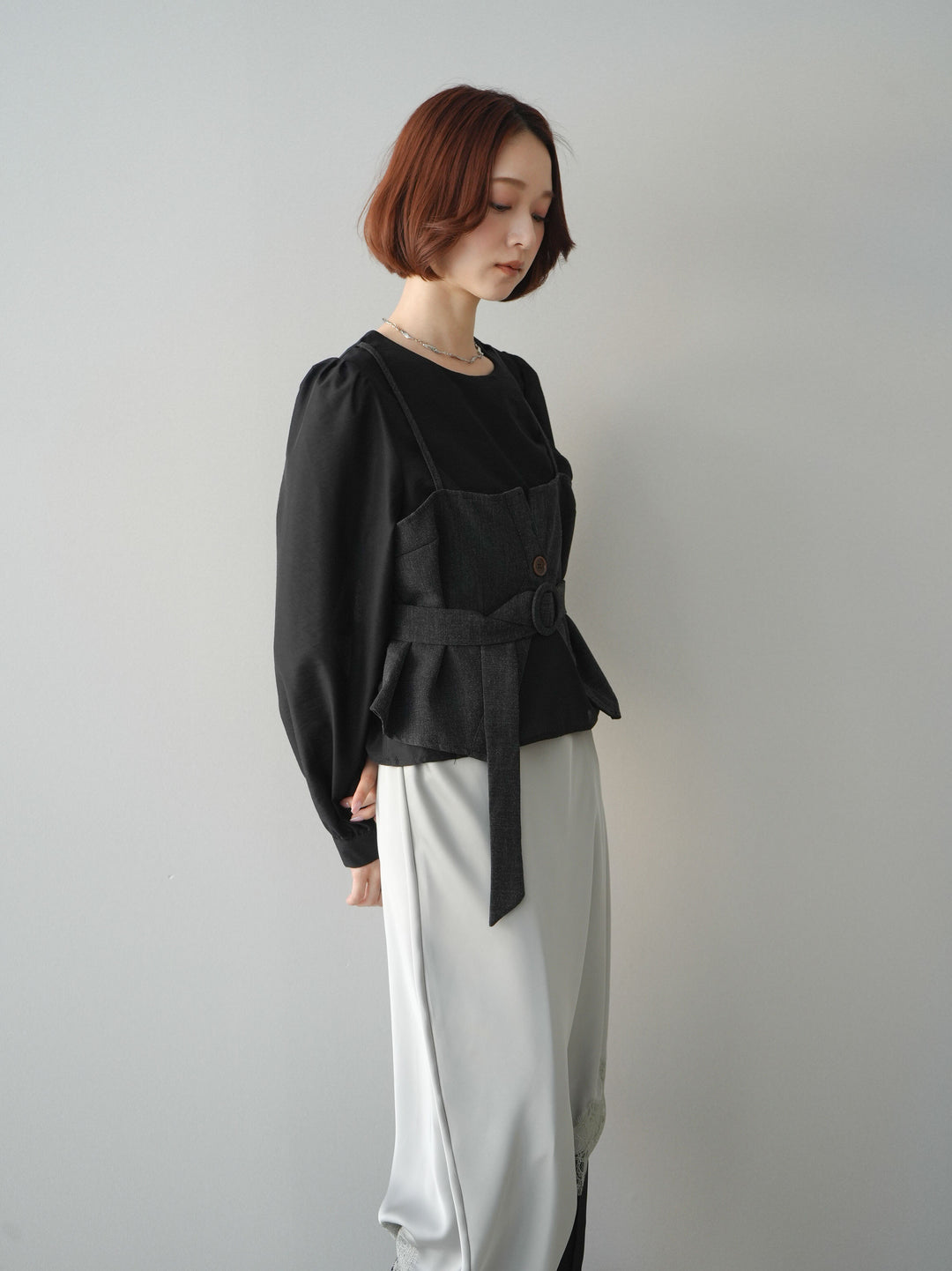 [SET]異素材ビスチェドッキングブラウス+センターシームフレアパンツ(2set)