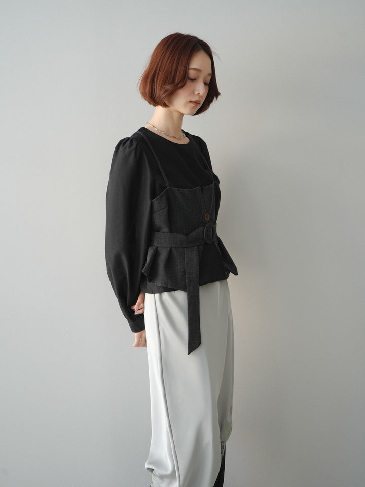 [SET]異素材ビスチェドッキングブラウス+センターシームフレアパンツ(2set)