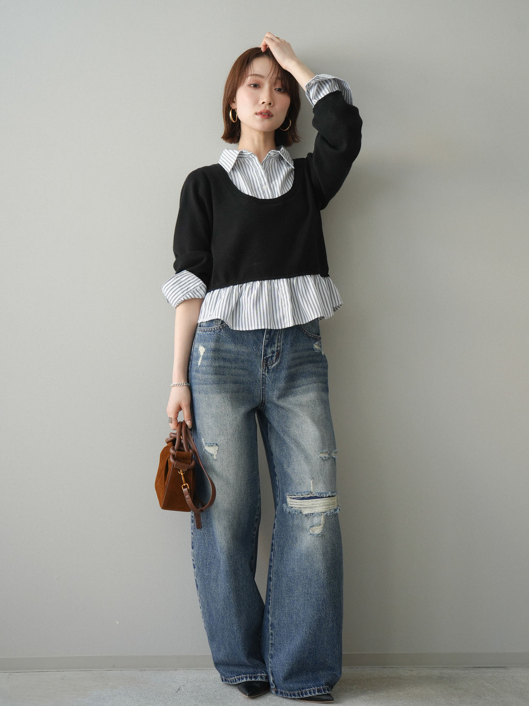 [SET]ストライプシャツUネックドッキングニットプルオーバー+ダメージデニムセミワイドパンツ(2set)