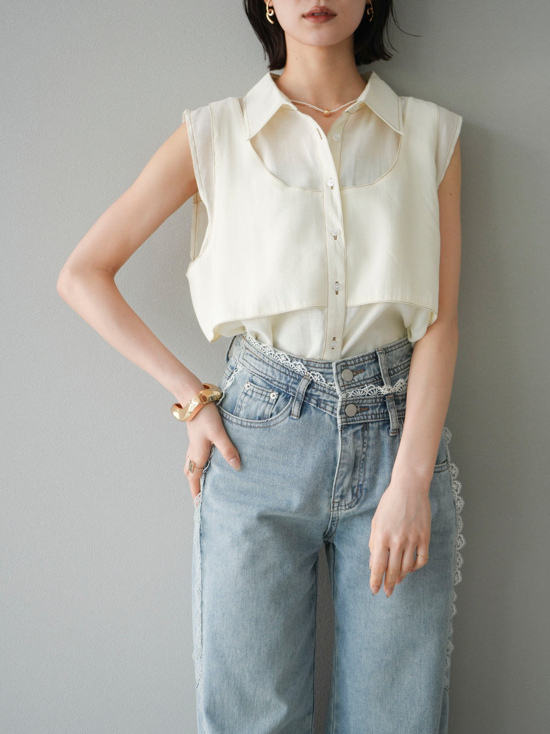 [SET]ステッチシアーレイヤードデザインブラウス+ラインレースデニムパンツ(2set)