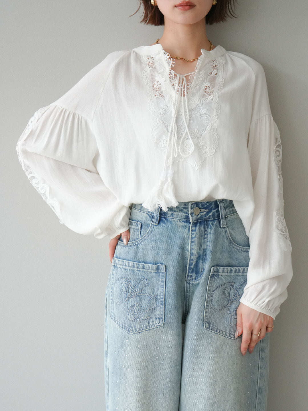 [予約]レーススリーブスキッパーブラウス/white