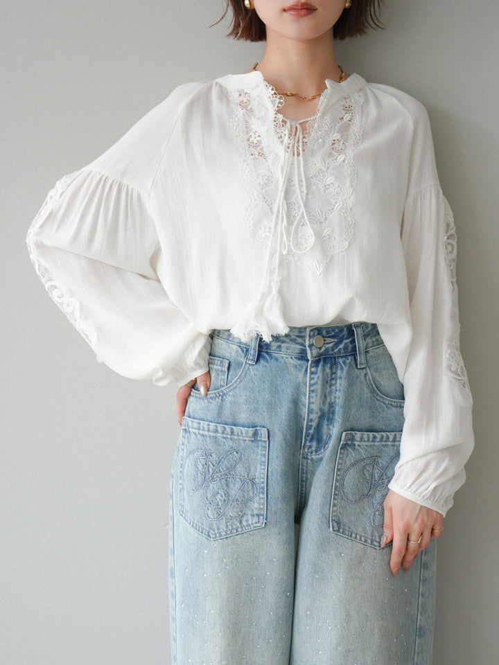 [予約]レーススリーブスキッパーブラウス/white