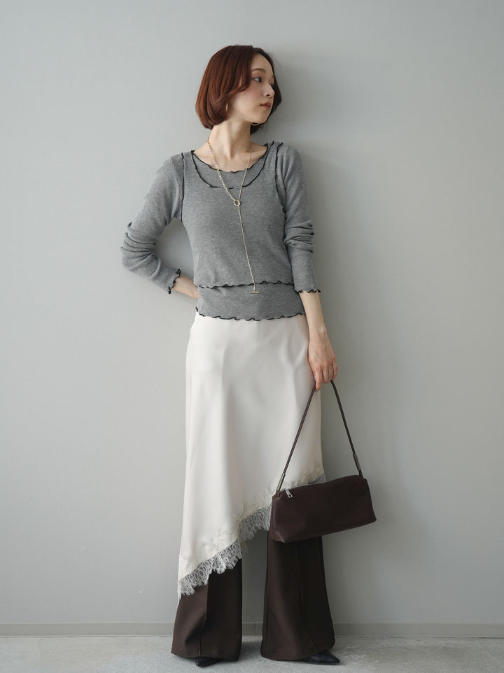 [SET]バイカラーメローアンサンブルシアーニットトップス+センターシームフレアパンツ(2set)