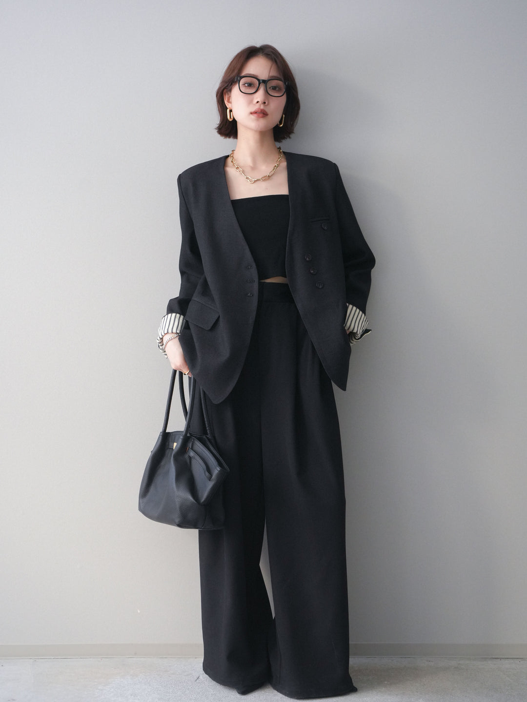 [SET]ノーカラージャケット+サテンベルトタックワイドパンツ(2set)