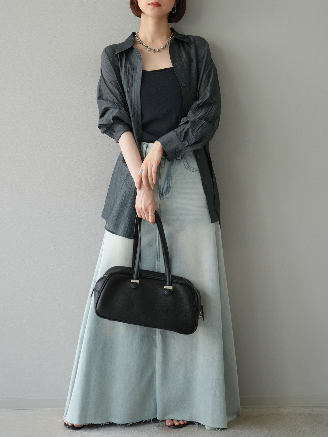 [予約]Aラインカットオフデニムスカート/ライトブルー