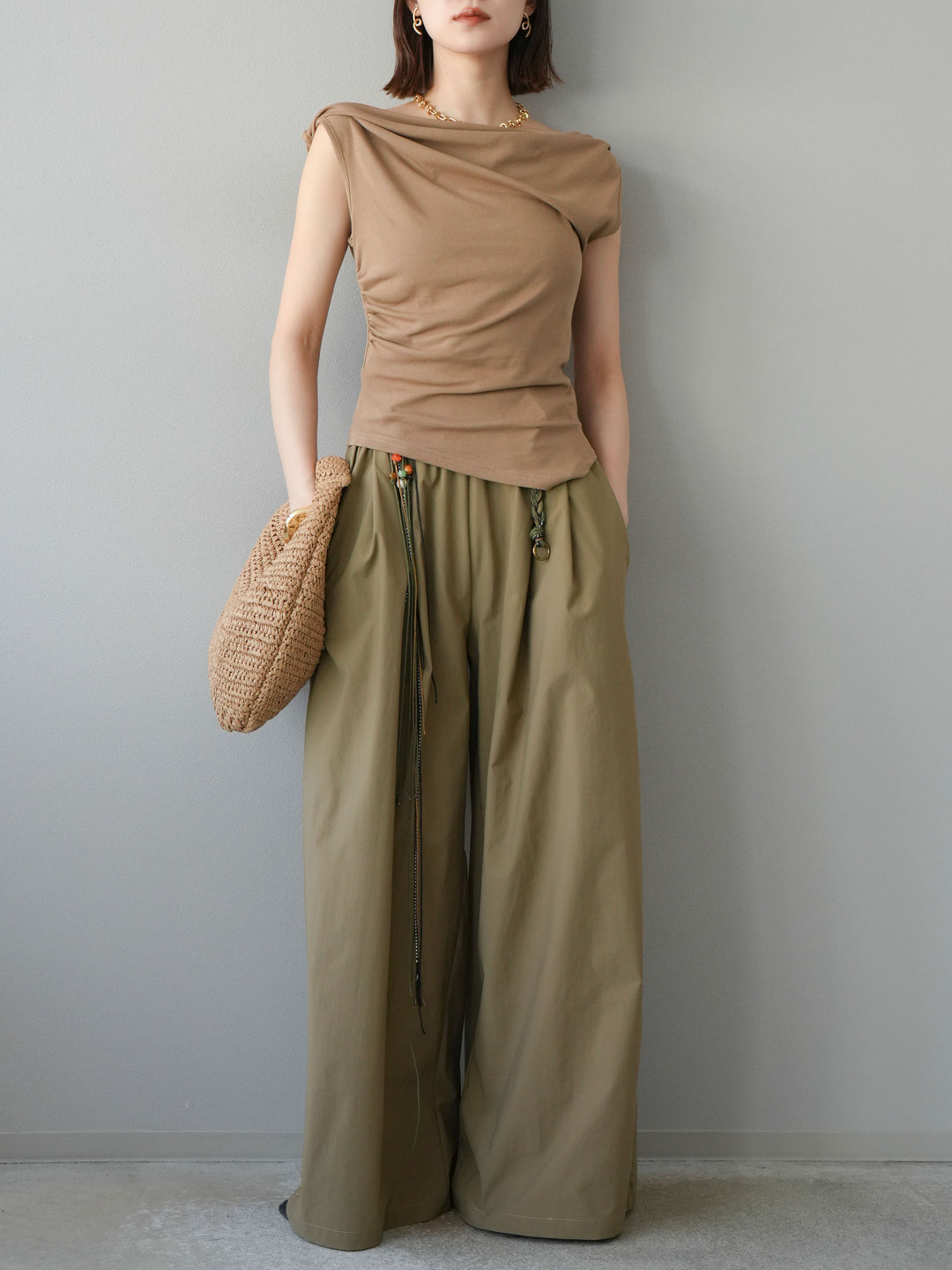 [SET]タックデザイントップス＆ビーズベルト付きパンツSET UP(2set)