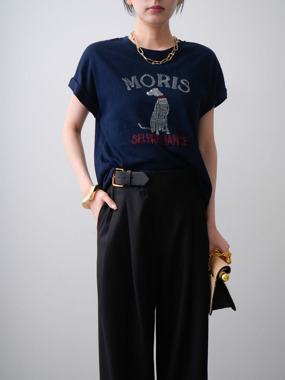 [SET]ドッグエンブロイダリーTEE+アシンメトリーベルトタックワイドパンツ(2set)