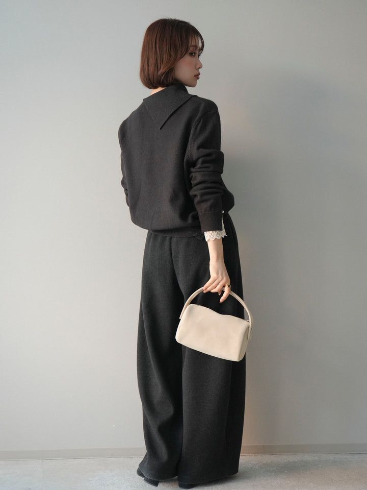 [SET]袖レースパール付き配色ニットトップス+ウールタッチカーブパンツ(2set)