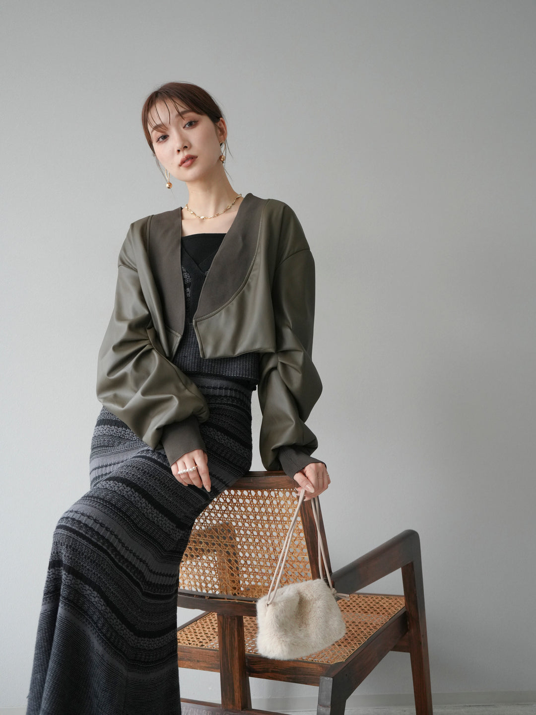 [予約]レザーバルーンボレロ/カーキ