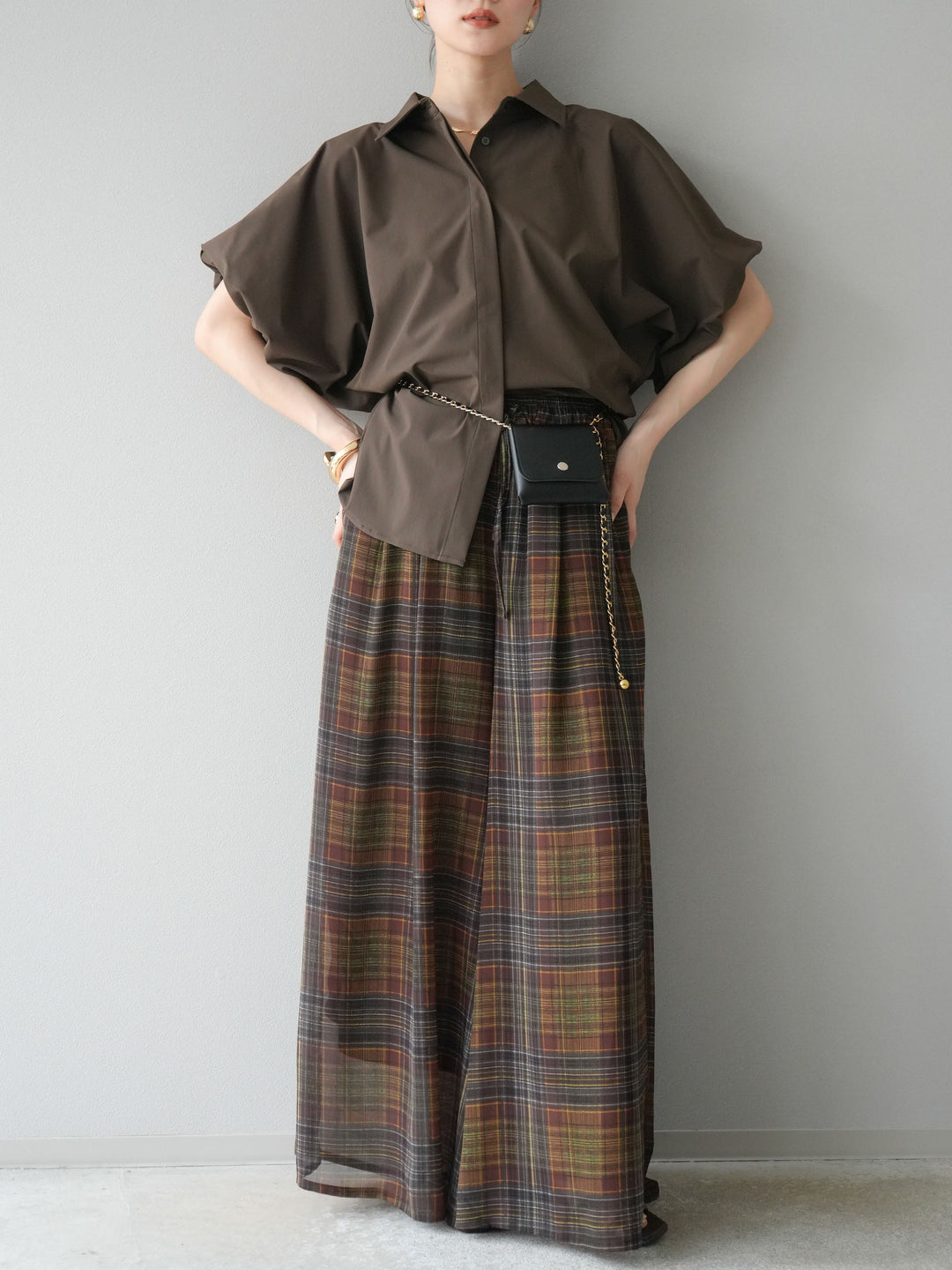 [預購] 透視格紋寬鬆褲/棕色