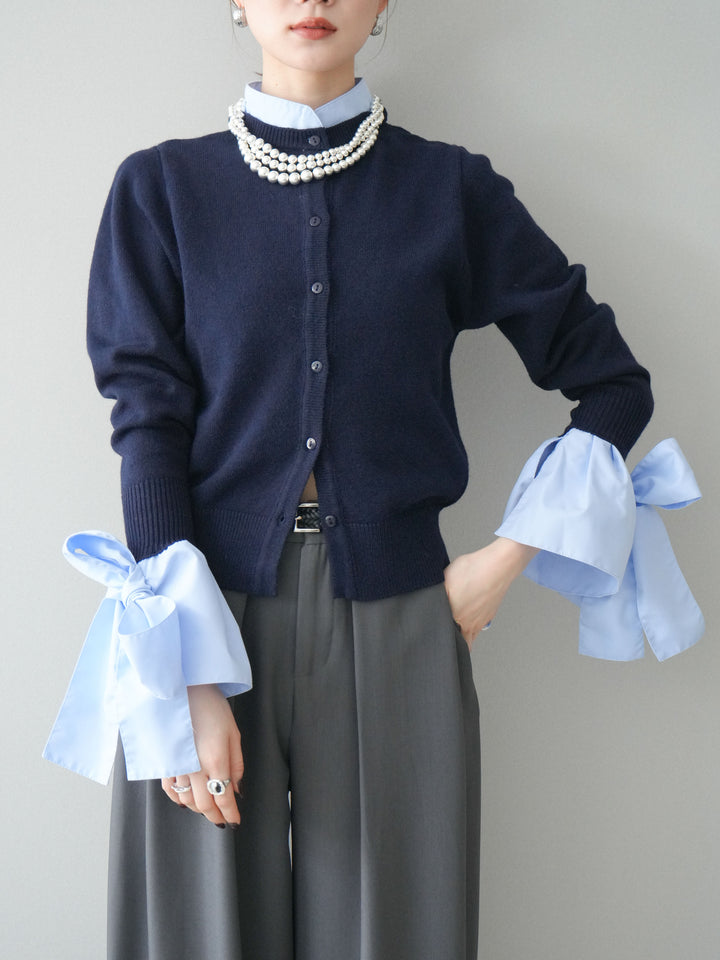 [予約]ウールライクリボンシャツカーディガン/navy