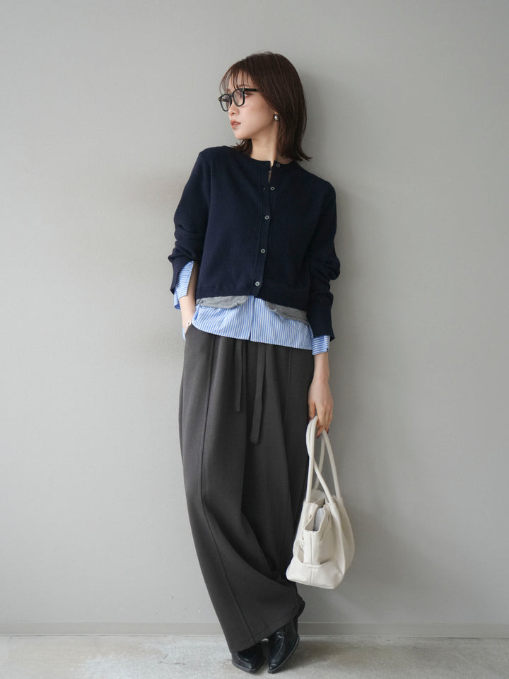[SET]シャツ襟レイヤードニットカーディガン+ベルト付スウェットワイドパンツ(2set)