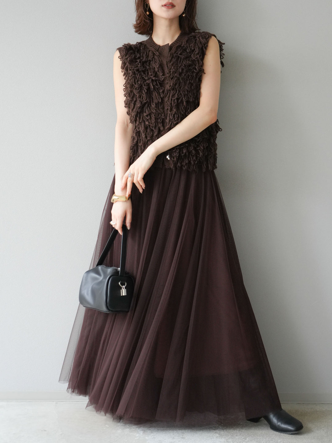 [SET] 前開衩針織背心 + 薄紗蓬鬆裙 (2 件套)