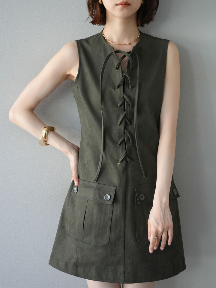 [予約]レースアップスエードミニワンピース/カーキ