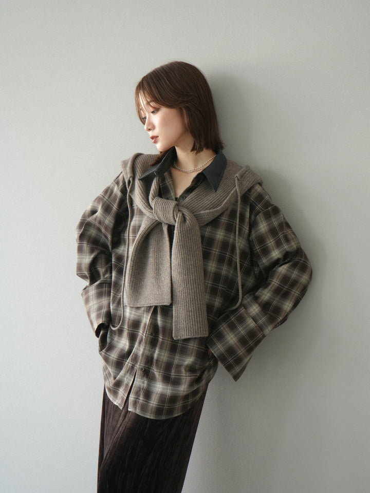 [予約]レザー襟オンブレチェックオーバーシャツ /ブラウン