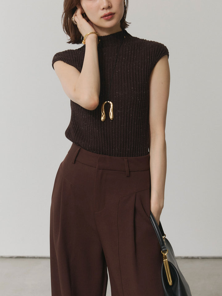 【Allure】[SET]ミックスヤーンデザインリブフレンチスリーブニット+デザインタックセンターシームアイドパンツ(2set)