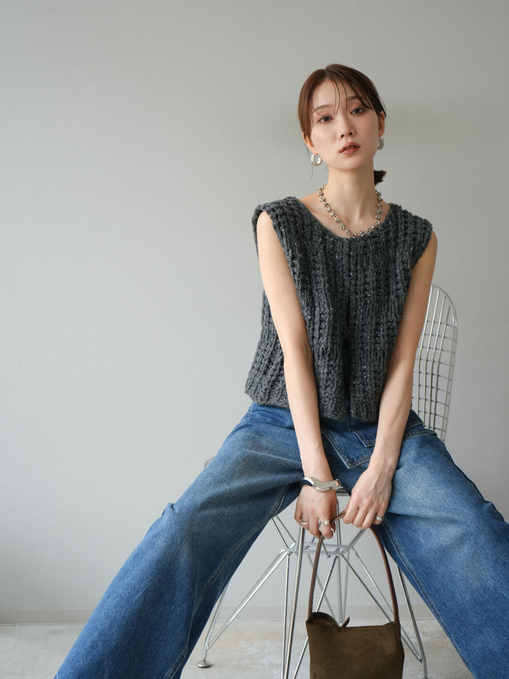 [予約]ミックスヤーンデザイン編みニットベスト/チャコール