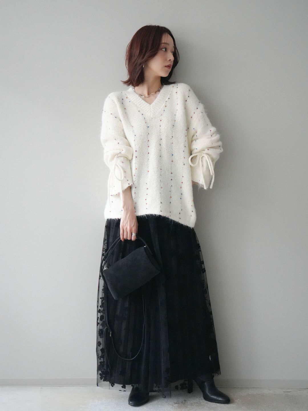 [予約]フラワーフロッキーチュールプリーツスカート/black