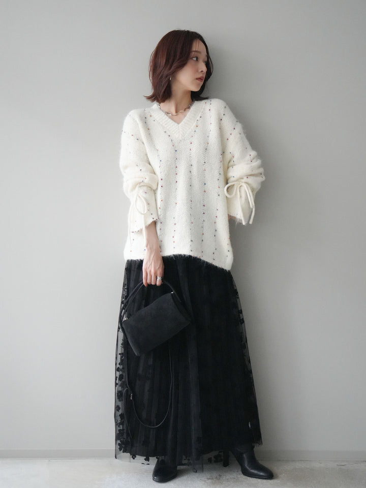 [予約]フラワーフロッキーチュールプリーツスカート/black