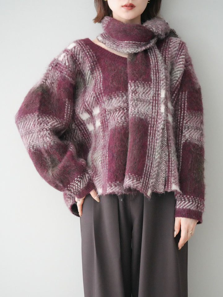 [予約]ストール付シャギーチェックニットプルオーバー/red