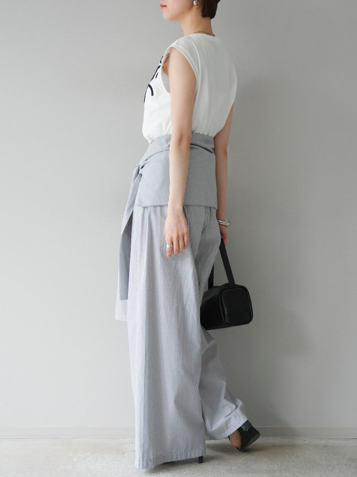 [SET]コード刺繍フレンチスリーブTシャツ+ウエスト巻きストライプイージーパンツ(2set)