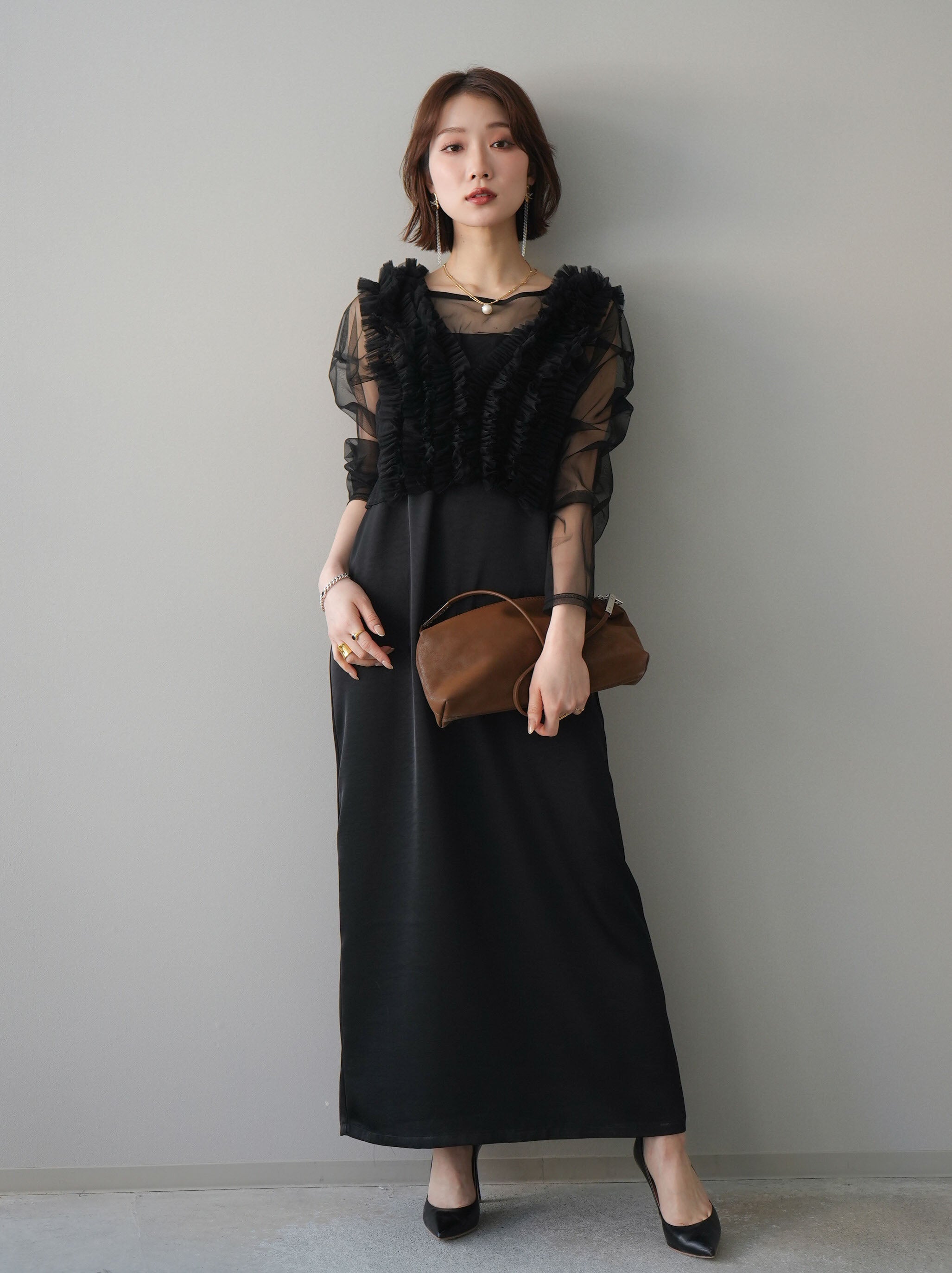 予約]チュールフリルアンサンブルキャミソールドレス 3点SET/black