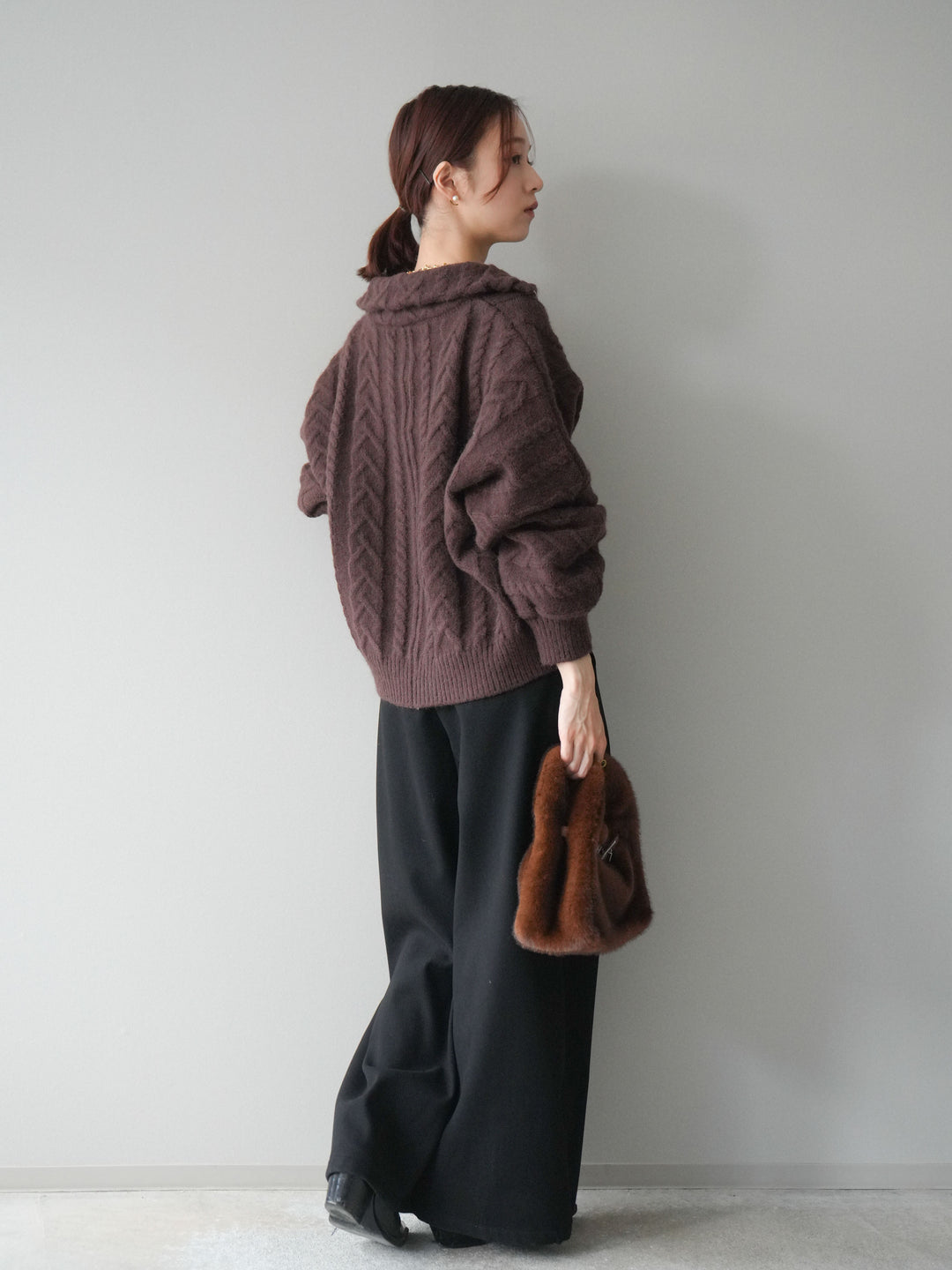 [予約]アニマル柄ベルト付きウールタッチワイドパンツ/black