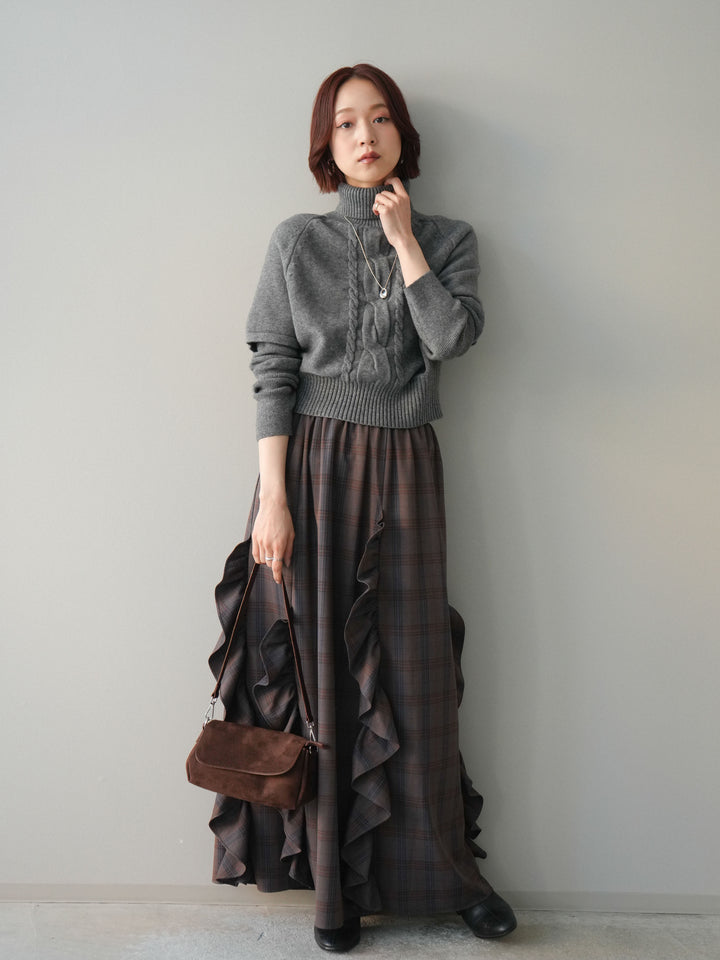[予約]チェック柄フリルハイウエストマキシスカート/gray