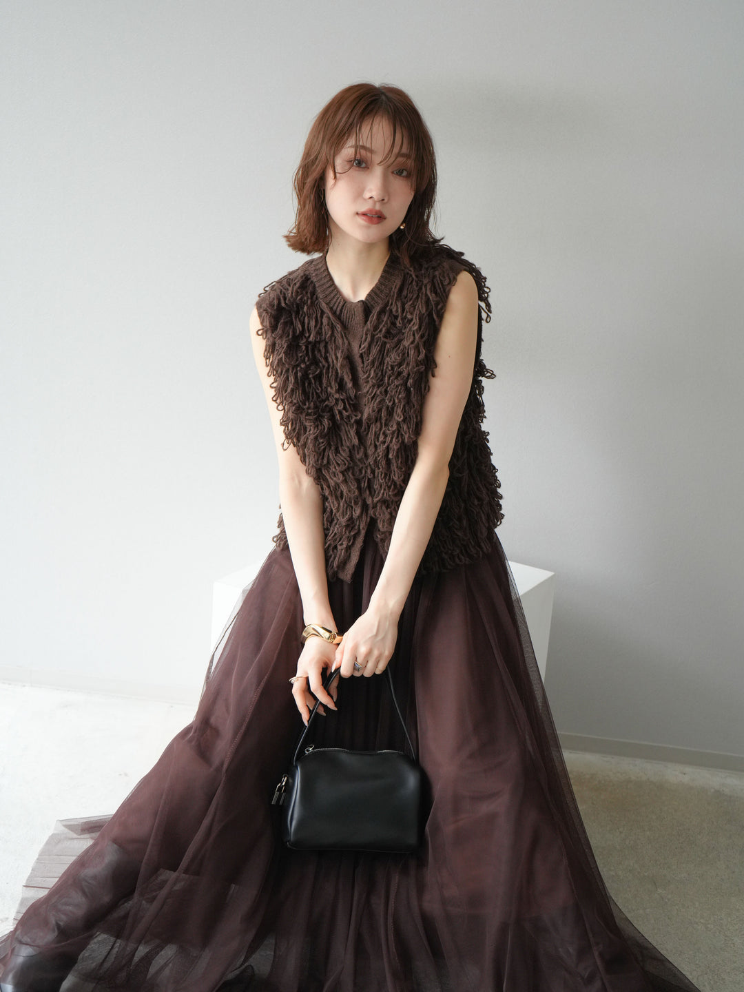 [予約]前開きループニットベスト/ブラウン