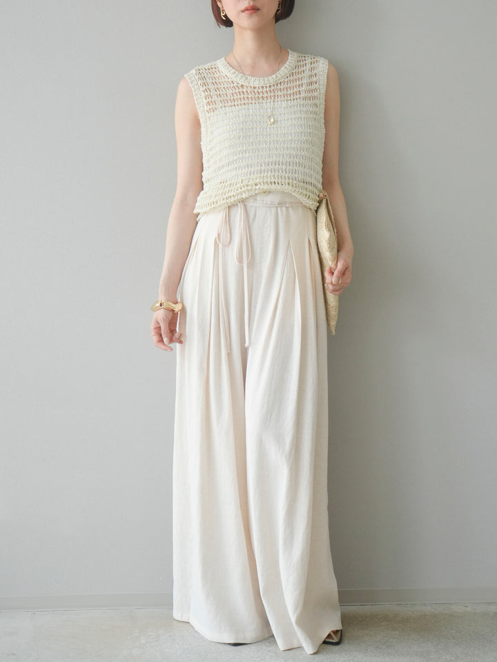 【預購】仿亞麻雙褶設計寬褲/象牙白