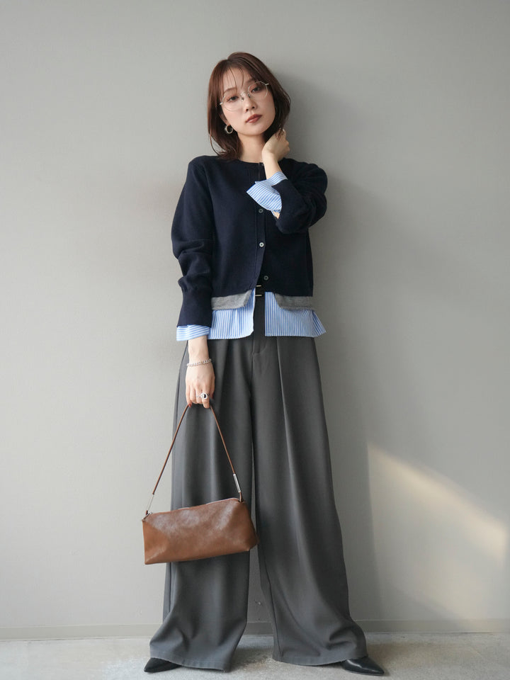 [SET]シャツ襟レイヤードニットカーディガン+ベルトループデザインワイドパンツ(2set)