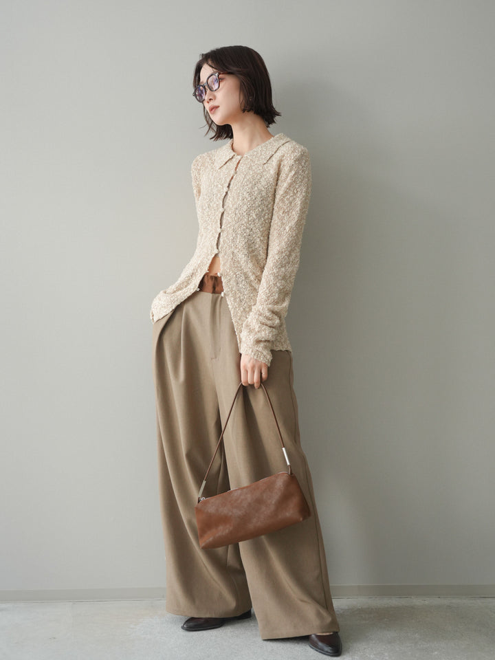 [SET]透かし編みブークレポロニットトップス+サテンベルトタックワイドパンツ(2set)