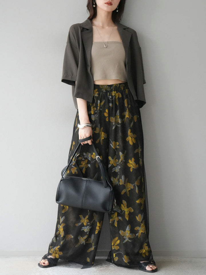 [SET]ハーフショートジャケット+フラワープリントチュールレイヤードパンツ(2set)