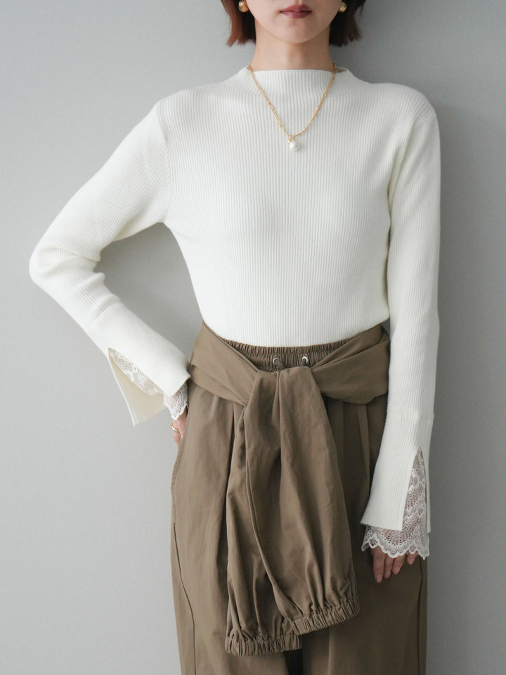 [SET]袖スカラップレースオフネックニットトップス+ウエスト巻きデザインドロストコットンナイロンパンツ(2set)