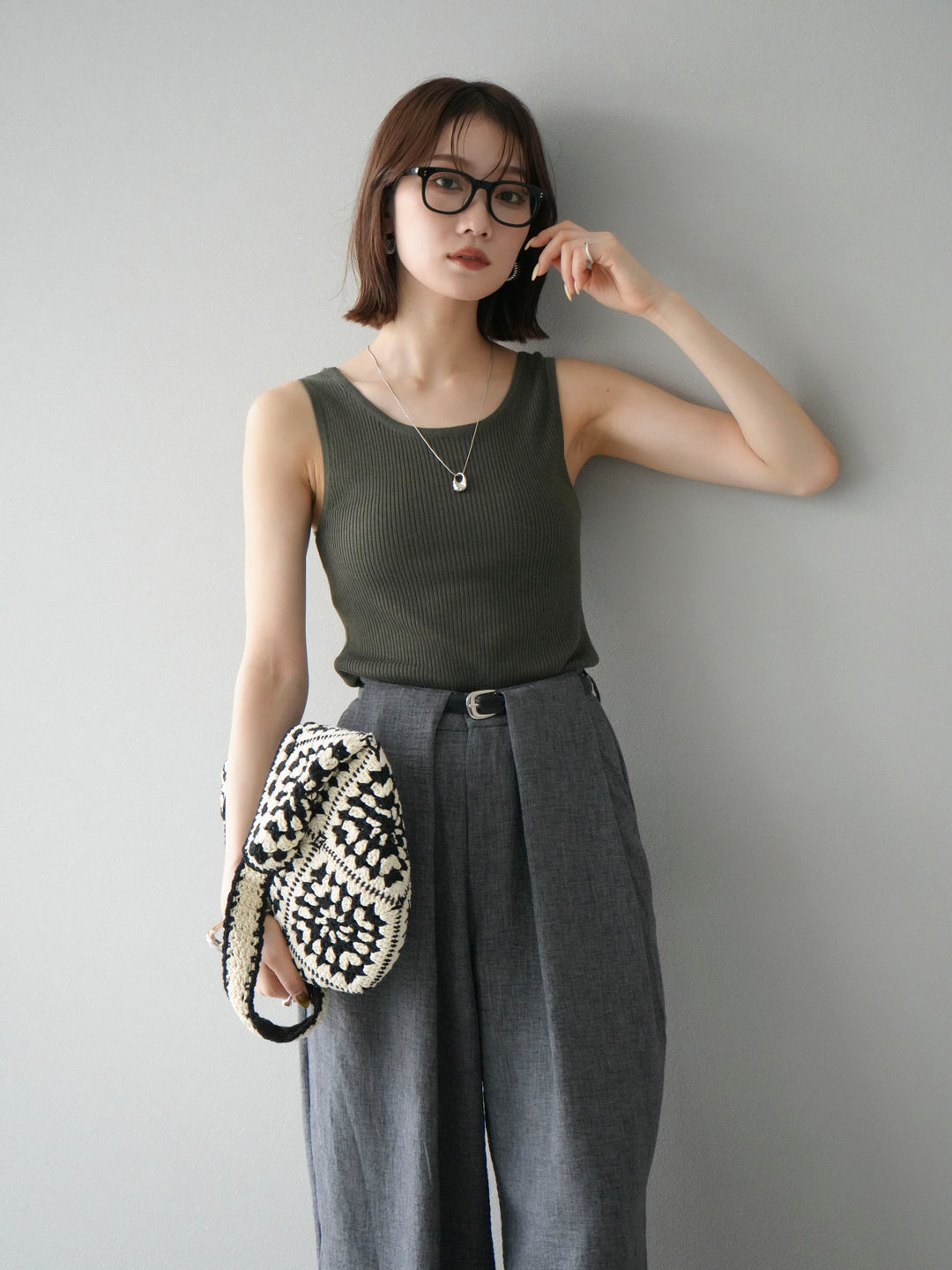 [予約]レーヨンニットタンクトップ/カーキ
