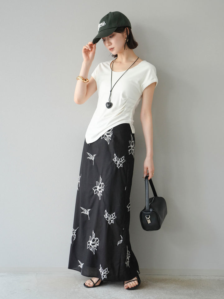 [予約]フラワー刺繍ナロースカート/ブラック